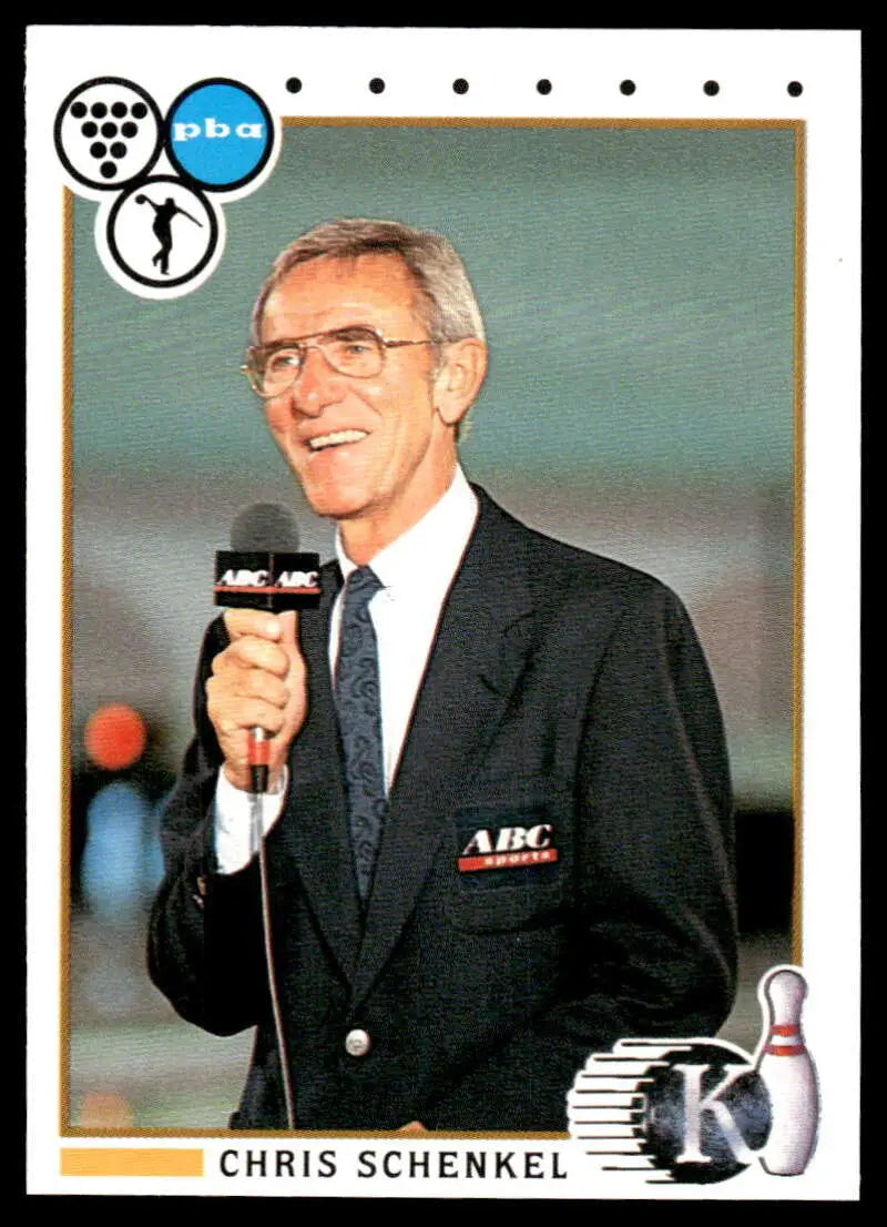 Smiling Chris Schenkel in dark blazer with microphone for PBA Bowling Card