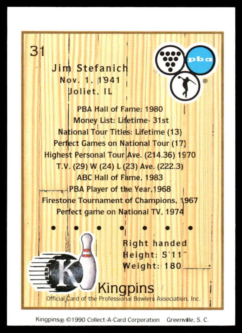 1990 Kingpins #31 Jim Stefanich PBA Bowling Card showcasing 1941-1980 stats