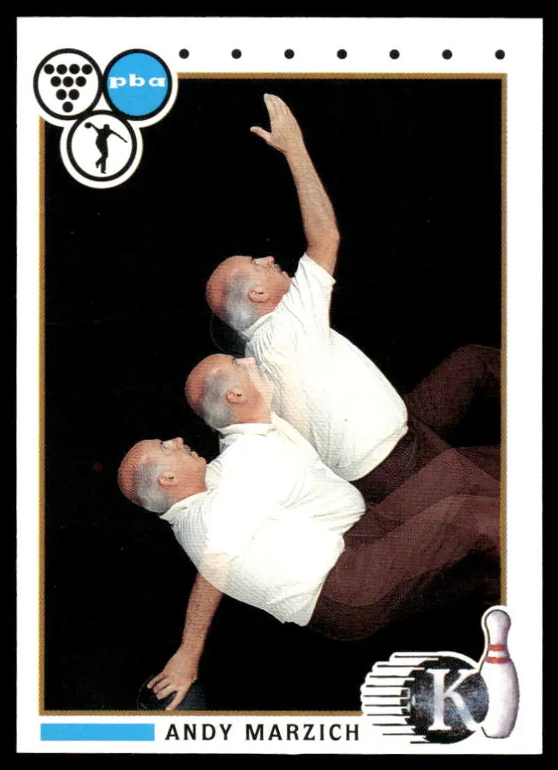 Bowling trading card of Andy Marzich showcasing multiple exposure delivery motion