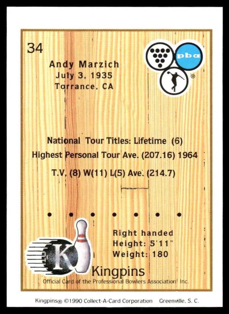 Andy Marzich PBA Bowling Card showcasing player statistics and trading details