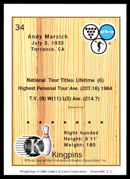 Andy Marzich PBA Bowling Card showcasing player statistics and trading details