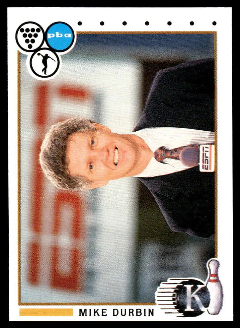 Mike Durbin in a dark suit featured on a PBA Bowling Card from 1990 Kingpins series