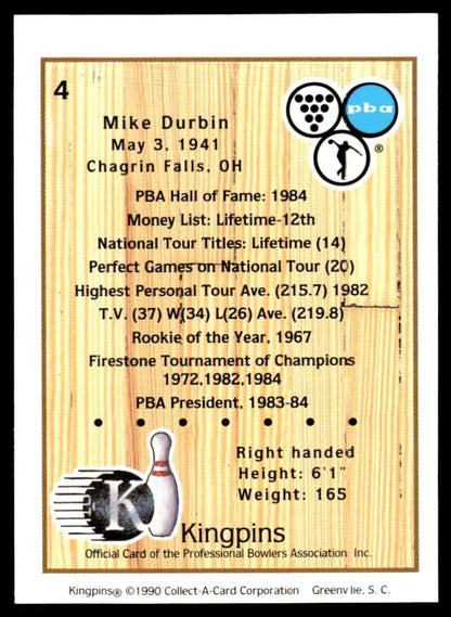 Mike Durbin PBA Bowling Card showcasing bowling statistics and achievements