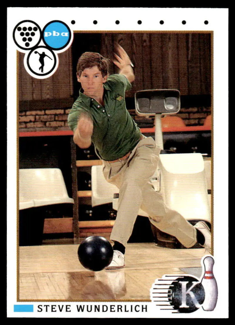 Professional bowler Steve Wunderlich in green shirt releasing a bowling ball PBA Bowling Card