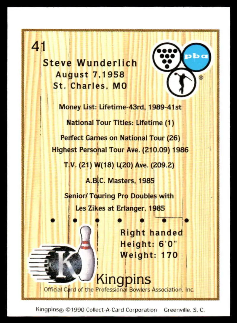 Bowling card featuring Steve Wunderlich and PBA Bowling statistics and information