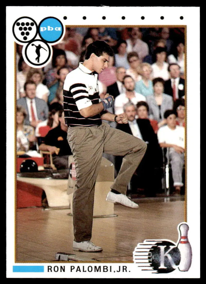 Professional bowler Ron Palombi delivering a strike on 1990 PBA Bowling Card