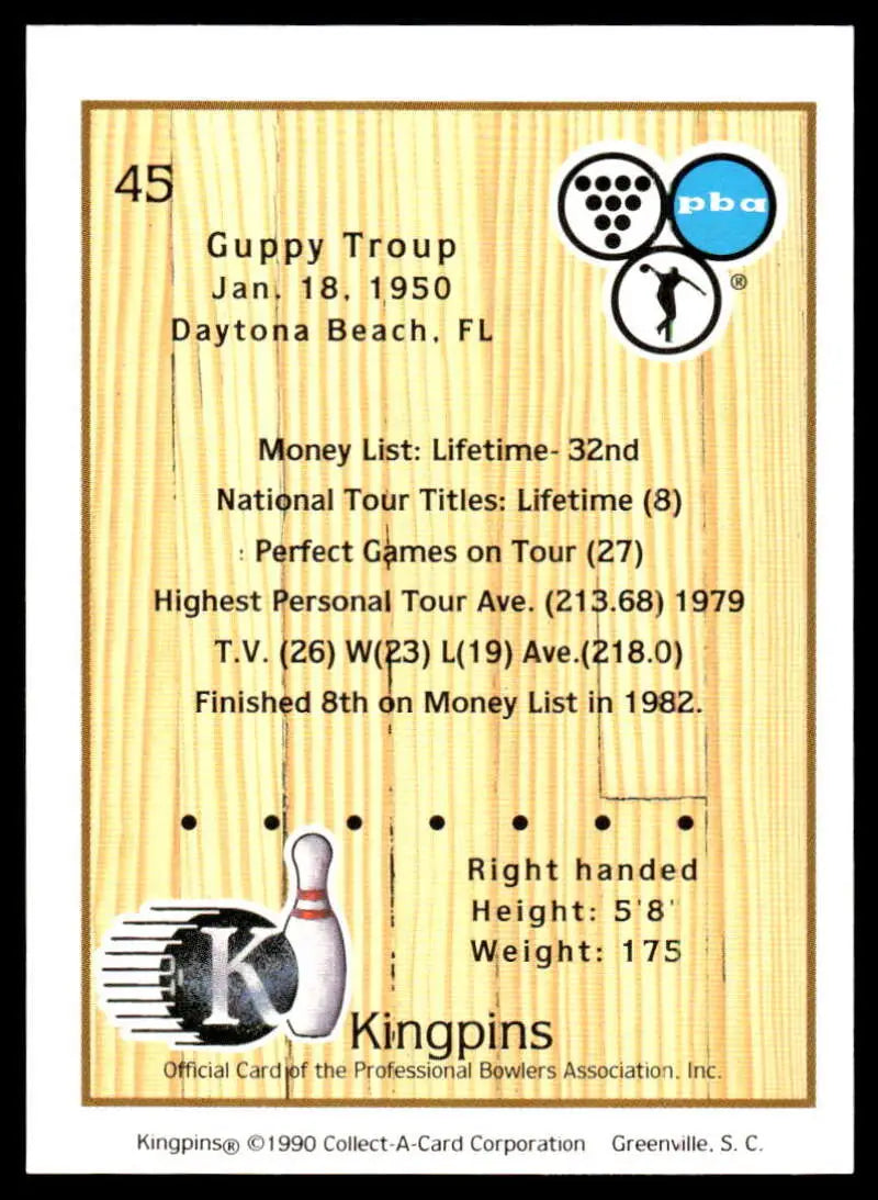 Bowling pin trading card of Guppy Troup showcasing PBA Bowling career stats from 1950