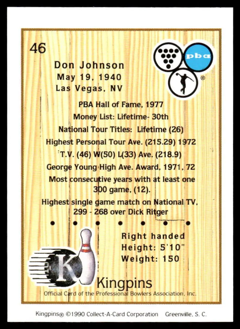 Vintage PBA Bowling Card of Don Johnson with career statistics and achievements