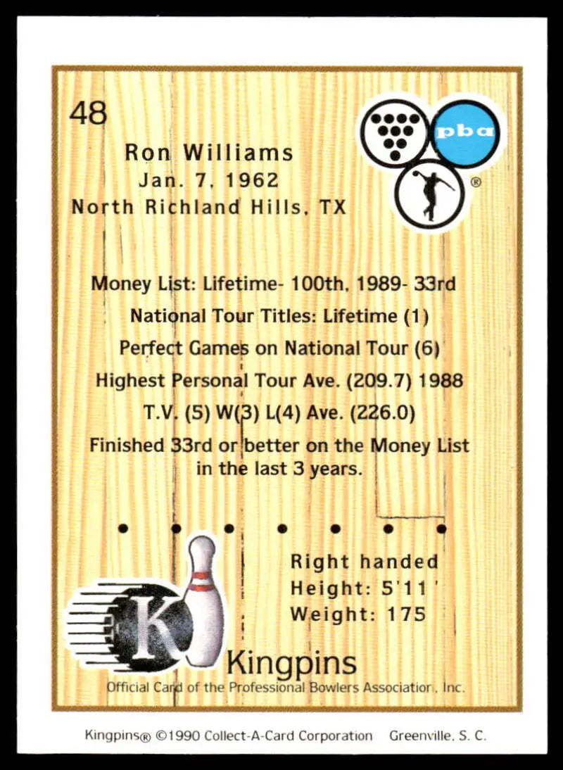 1990 Kingpins #48 Ron Williams NM-MT PBA Bowling Card with player statistics and information