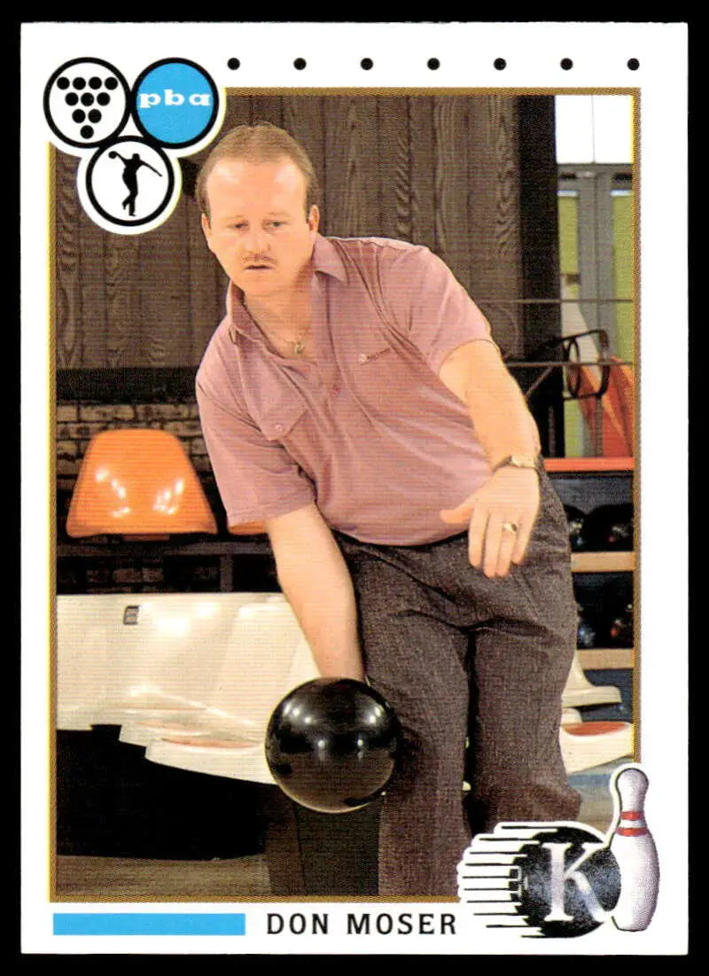 Bowler in pink shirt releasing black ball on 1990 Don Moser PBA Bowling Card