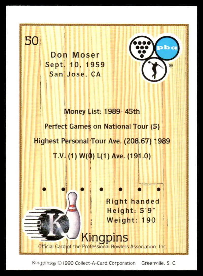 1990 Kingpins #50 Don Moser NM-MT PBA Bowling Card with player statistics and biography