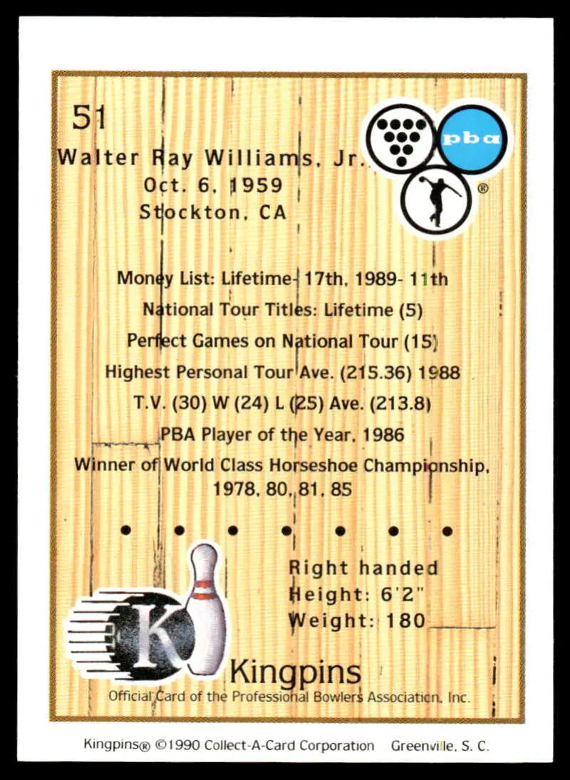 Bowling card featuring Walter Ray Williams, Jr. statistics from 1959-1989 Kingpins brand