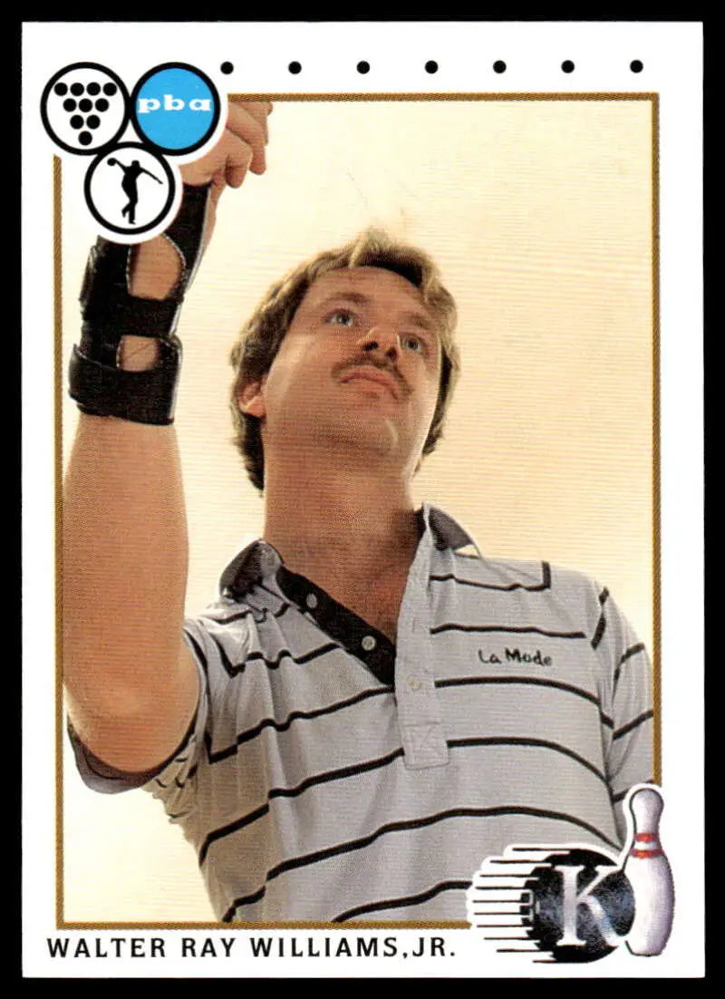 Walter Ray Williams in a striped polo shirt and wrist brace on 1990 Kingpins card