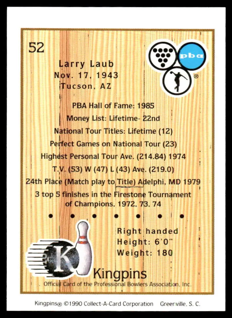 1990 Kingpins #52 Larry Laub NM-MT PBA Bowling Card Image 2