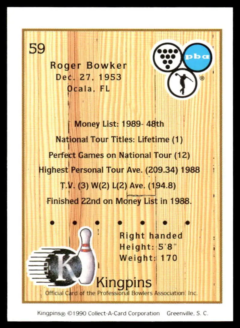 Bowling-themed trading card featuring Roger Bowker’s stats on wood-grain background