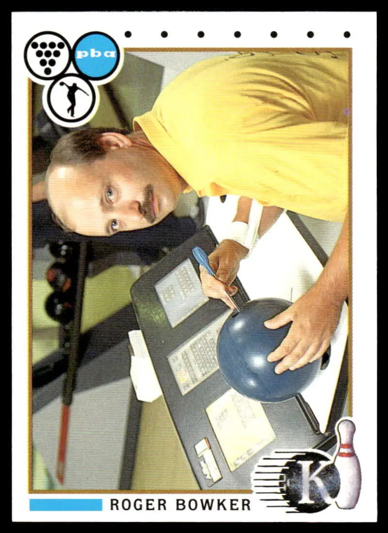 Bowling trading card of Roger Bowker in yellow shirt from 1990 PBA Bowling set