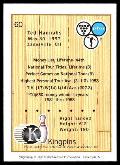 Bowling-themed trading card featuring Ted Hannahs’ PBA Bowling career statistics from 1957-1985