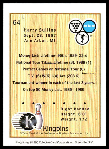 1990 Kingpins Harry Sullins PBA Bowling Card featuring statistics and achievements