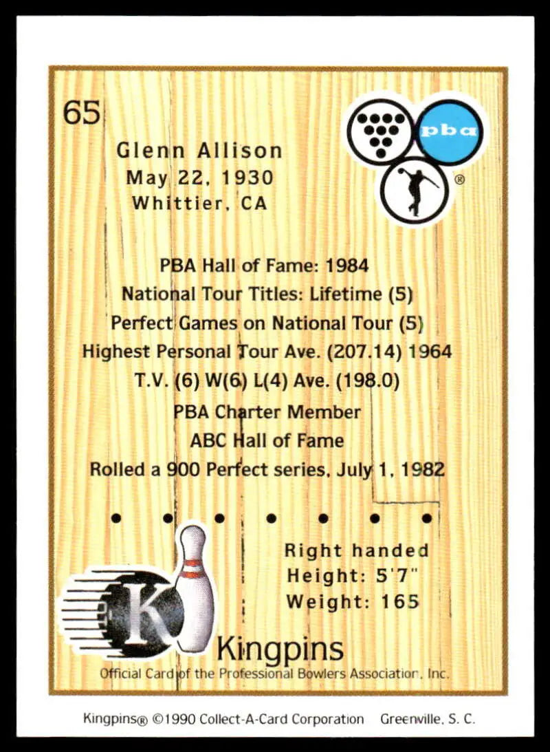 Bowling-themed trading card featuring Glenn Allison’s PBA achievements from 1984