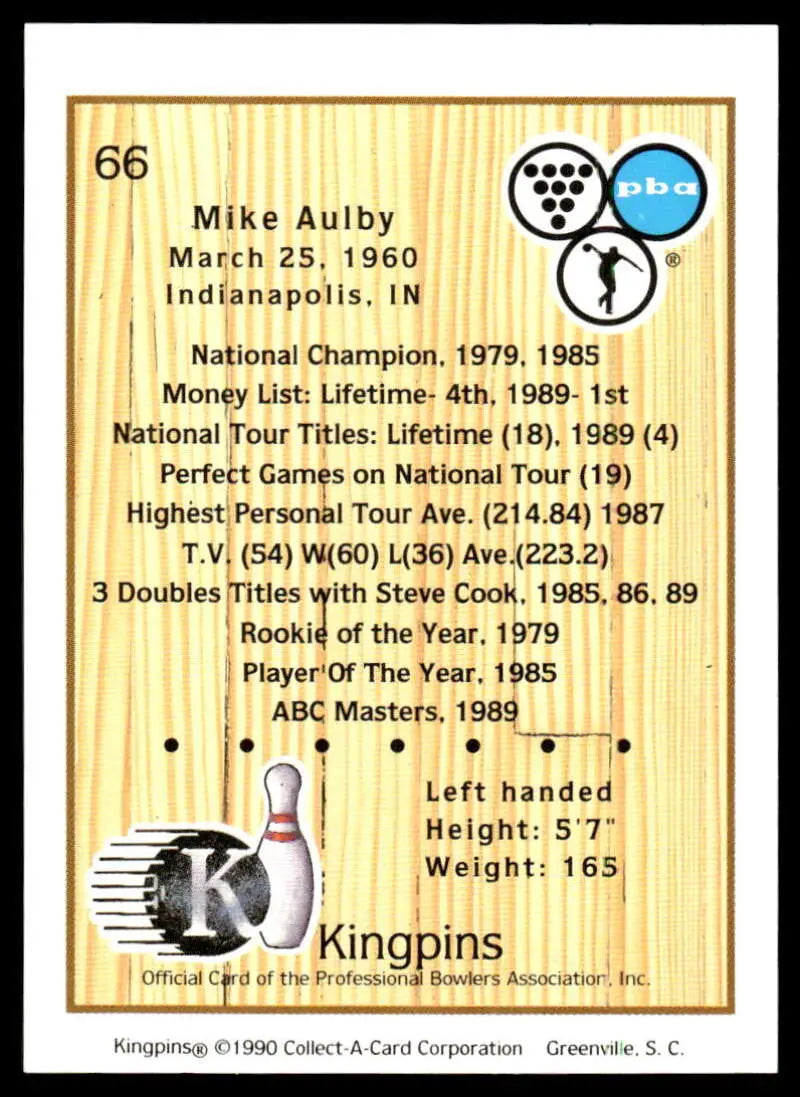 Mike Aulby PBA bowling card displaying career statistics and achievements