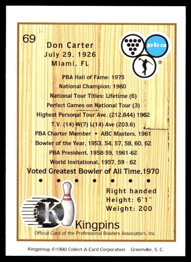 Vintage Don Carter PBA bowling card showcasing career statistics and achievements