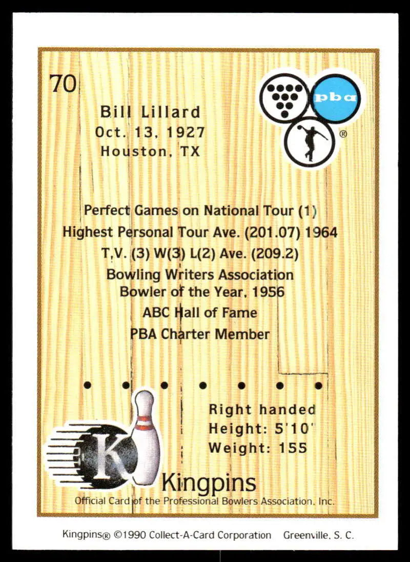 Bill Lillard PBA Bowling Card showcasing statistics and achievements from Houston, TX