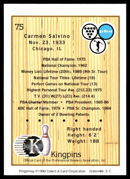 Bowling-themed trading card showcasing Carmen Salvino’s 1975 career stats and achievements