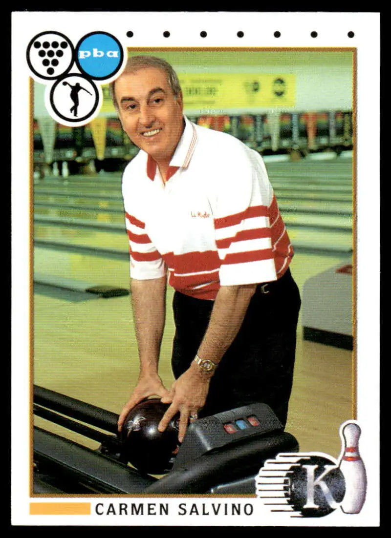 Professional bowler Carmen Salvino in a red and white polo on 1990 PBA bowling card