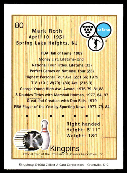 Mark Roth PBA Bowling Card featuring statistics and achievements from 1951-1987