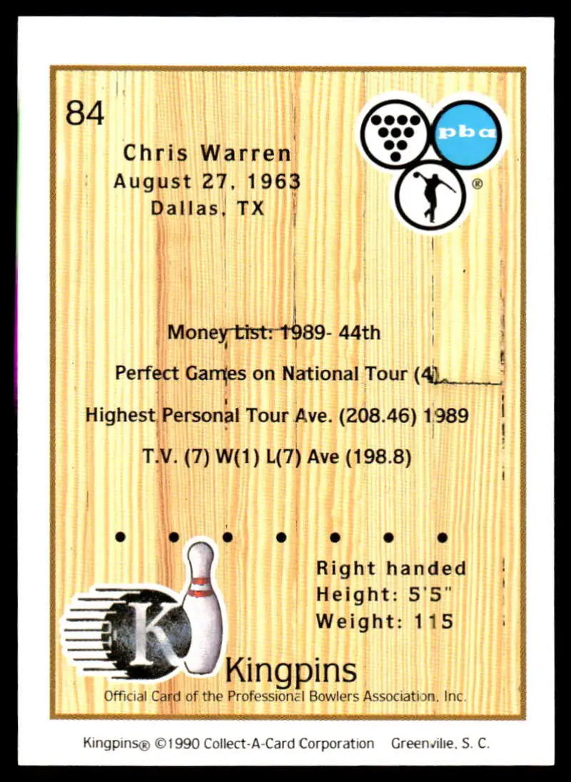 Bowling-themed trading card featuring Chris Warren’s statistics and pin graphic