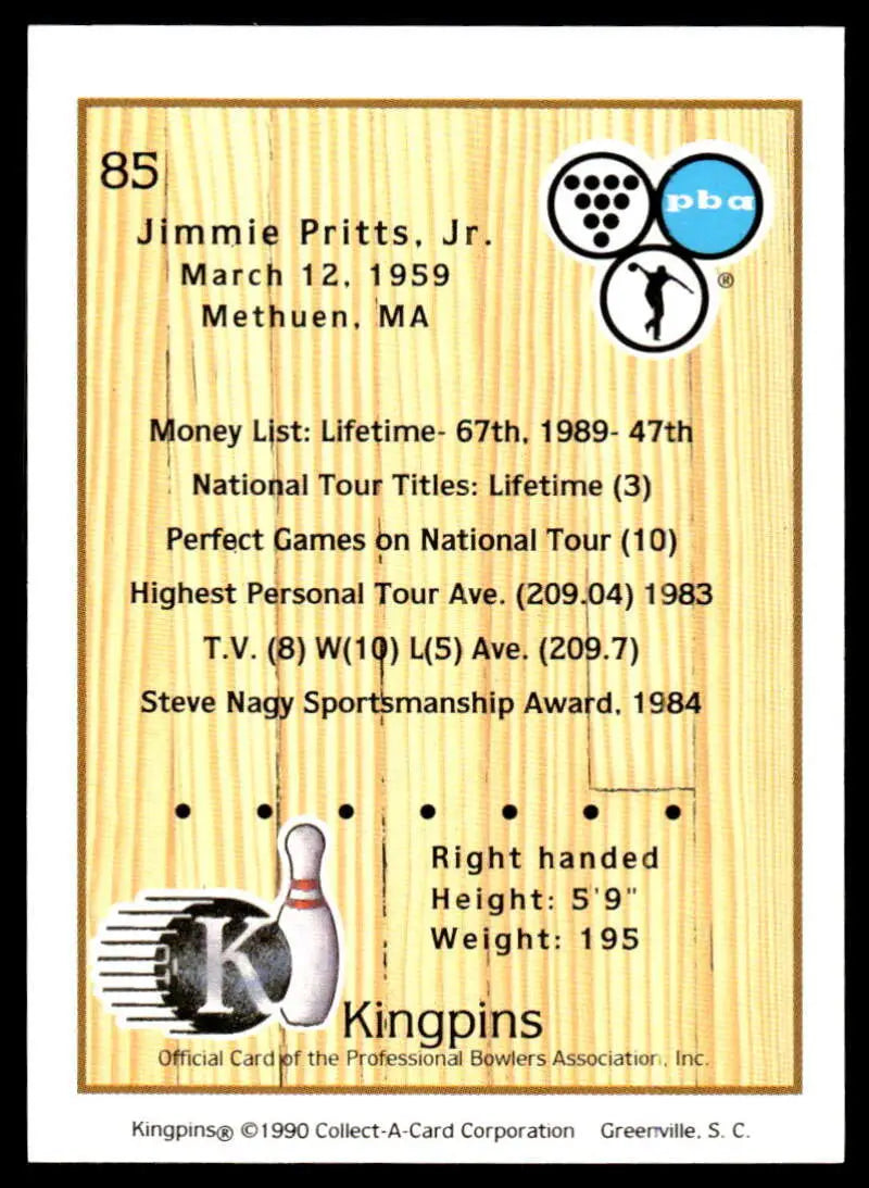 Professional PBA Bowling Card of Jimmie Pritts showcasing 1990 statistics and achievements