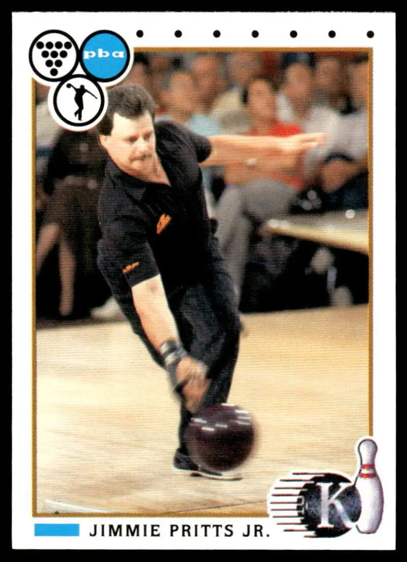 Bowler in black shirt releasing ball in 1990 Kingpins Jimmie Pritts PBA Bowling Card