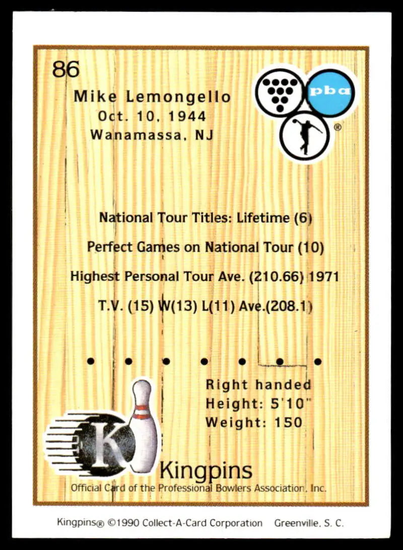 Bowling pin trading card featuring Mike Lemongello and PBA bowling statistics