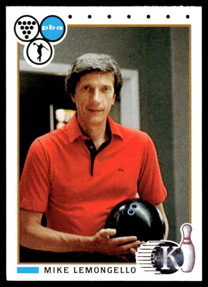 Professional bowler Mike Lemongello in a red polo shirt with a bowling ball, PBA Bowling Card