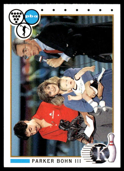 Bowling-themed sports card featuring Parker Bohn III at a bowling alley