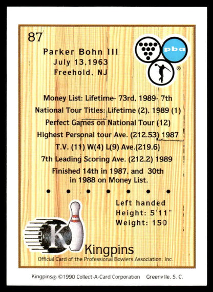 Trading card of Parker Bohn III with bowling achievements and statistics