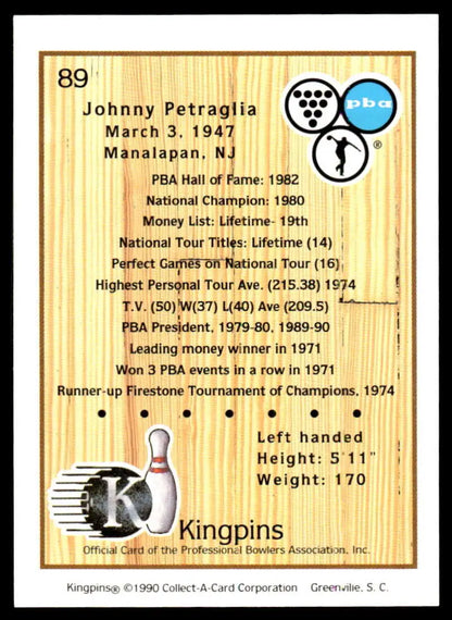 Trading card of Johnny Petraglia with bowling stats from 1980 Kingpins collection