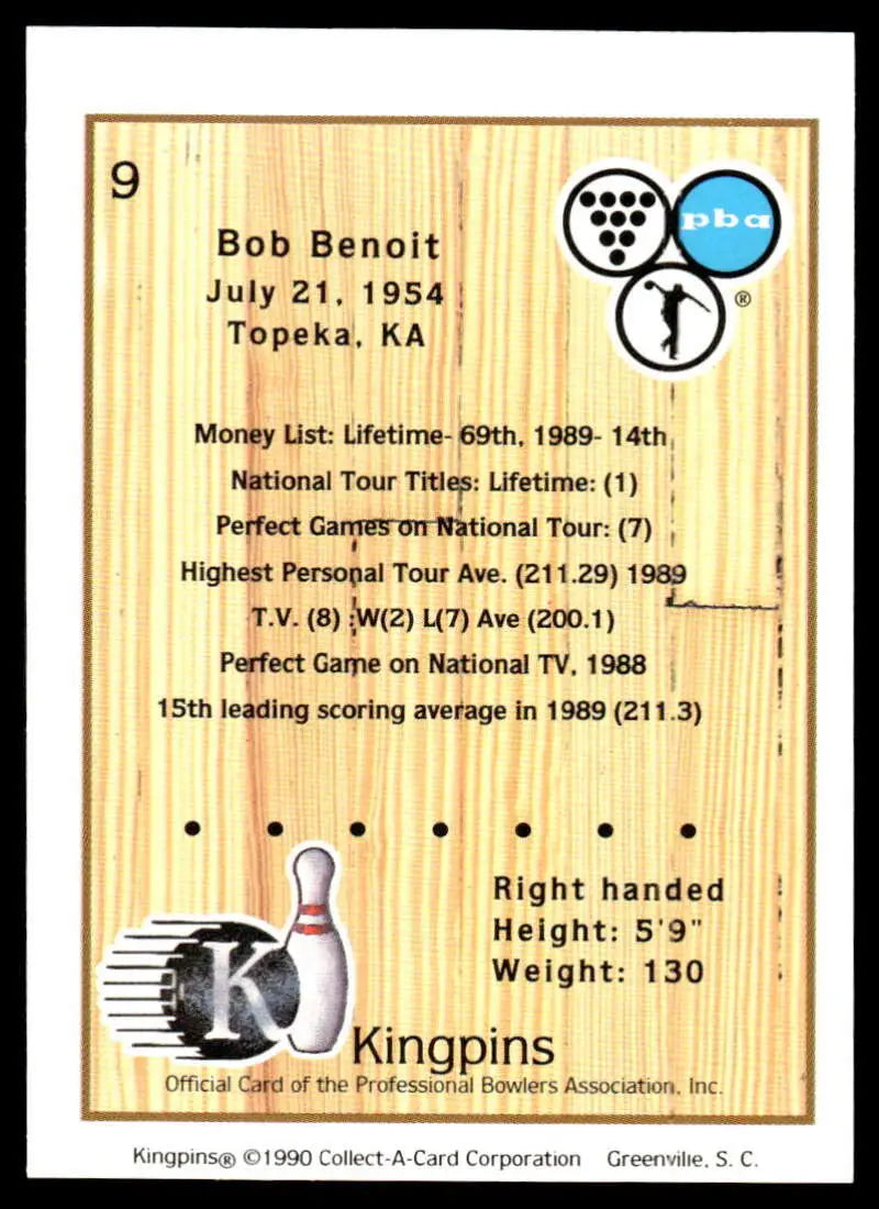 Bowling trading card featuring Bob Benoit statistics and biographical information