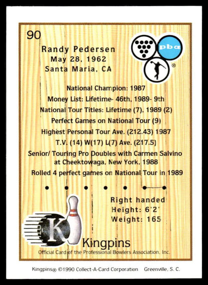 Bowling-themed trading card of Randy Pedersen showcasing PBA achievements from 1987-1989