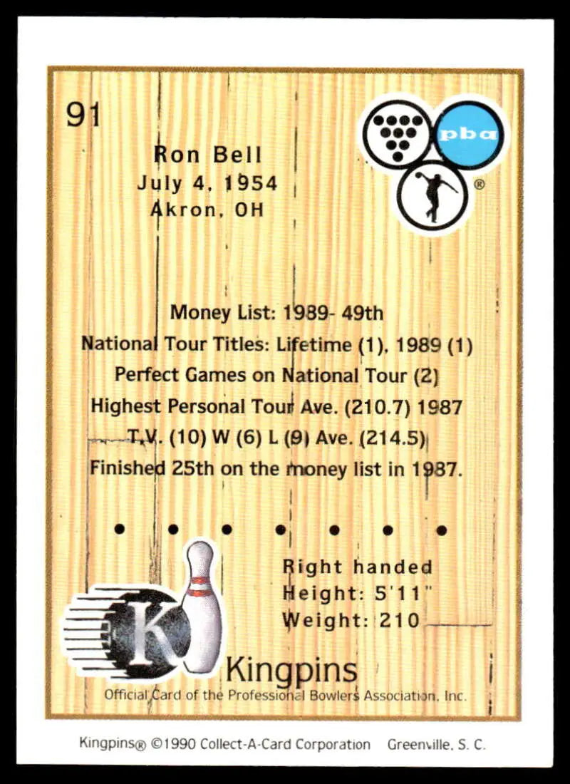 Bowling-themed trading card featuring Ron Bell statistics and bowling pin graphic