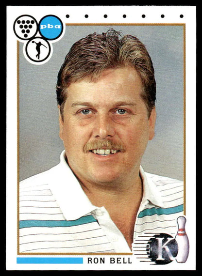 Ron Bell in a white striped polo shirt on a 1990 PBA Bowling Card