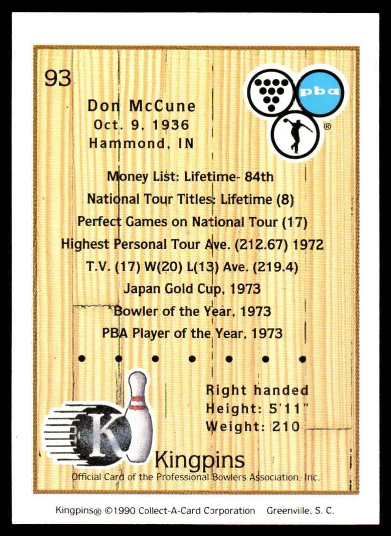 Don McCune 1990 PBA Bowling Card showcasing 1973 statistics and achievements