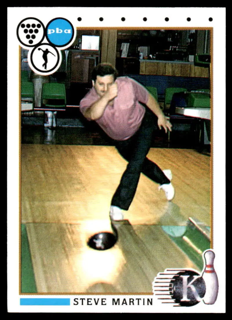 Bowler in pink shirt releasing ball on lane for Steve Martin PBA Bowling Card