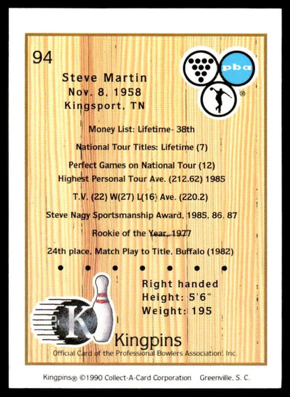 Trading card featuring Steve Martin’s bowling stats from 1958-1990 PBA Bowling Card