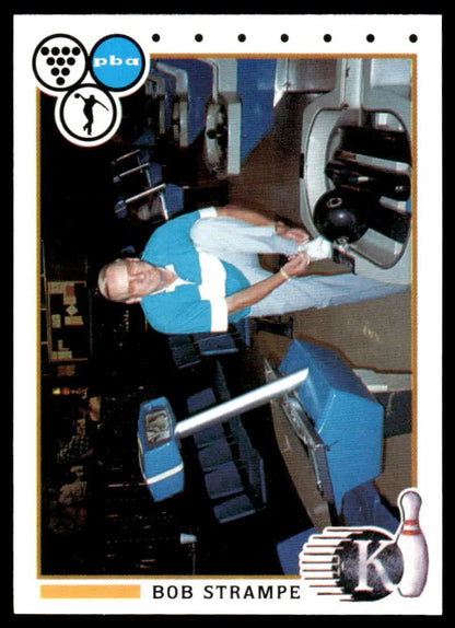 Bowling trading card of Bob Strampe in blue shirt, featuring PBA Bowling details