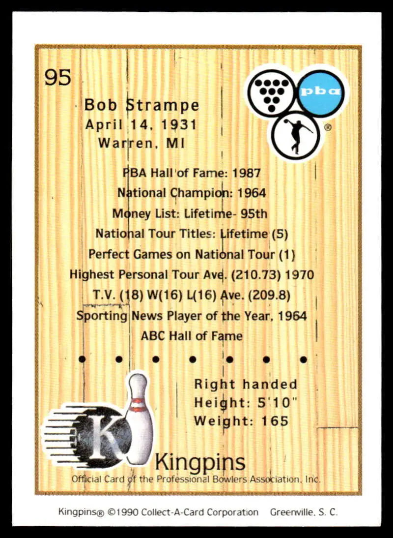 Vintage 1990 Kingpins Bob Strampe PBA Bowling Card with career statistics and achievements