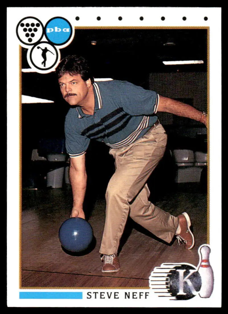 Steve Neff in blue polo releasing a bowling ball, featured on PBA Bowling Card