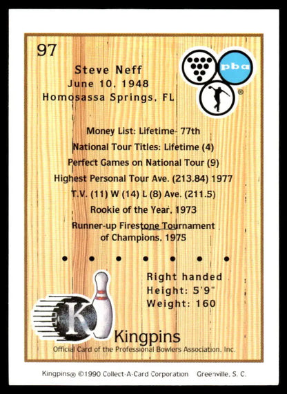 Steve Neff PBA Bowling Card showcasing career statistics from 1948 to 1977