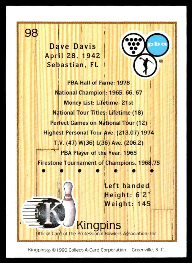 Vintage 1990 Kingpins #98 Dave Davis PBA Bowling Card with player stats from 1942-1978