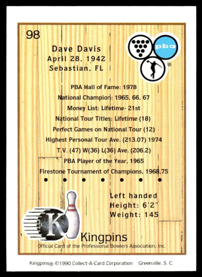 Vintage 1990 Kingpins #98 Dave Davis PBA Bowling Card with player stats from 1942-1978